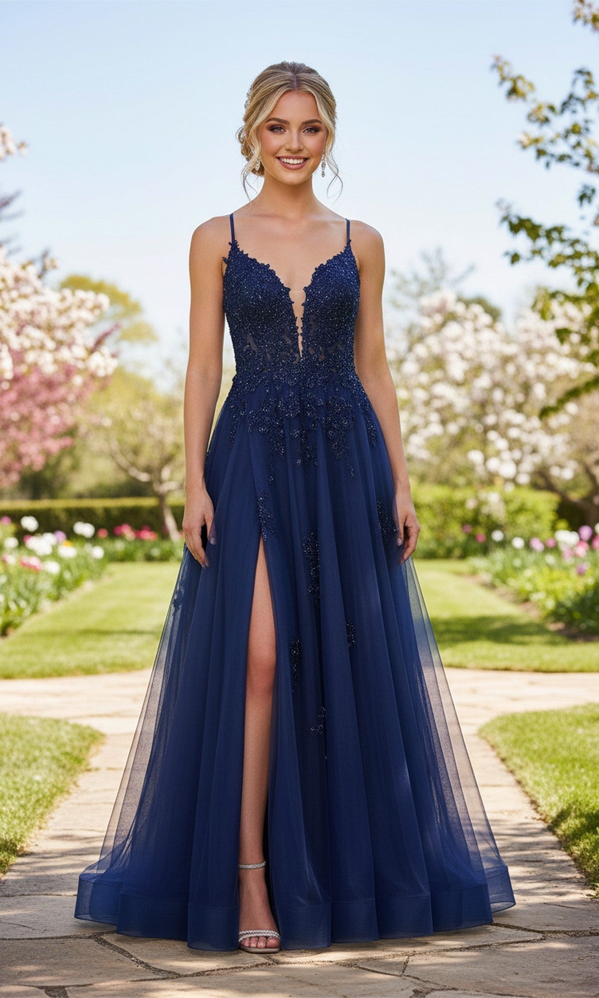 A woman stands outdoors in a garden wearing a marine blue Lace-Embroidered Prom Ball Gown, La Femme 33716, featuring sleeveless design, thigh-high slit, and elegant lace detailing.