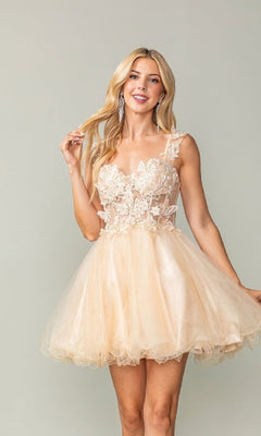 Woman wearing a champagne dress with floral lace details against a plain background