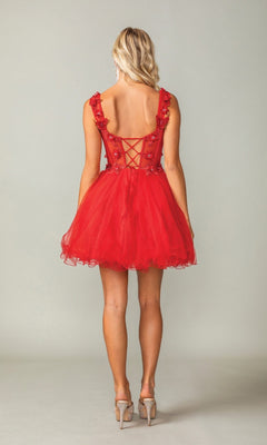 Red dress with lace details on a plain background