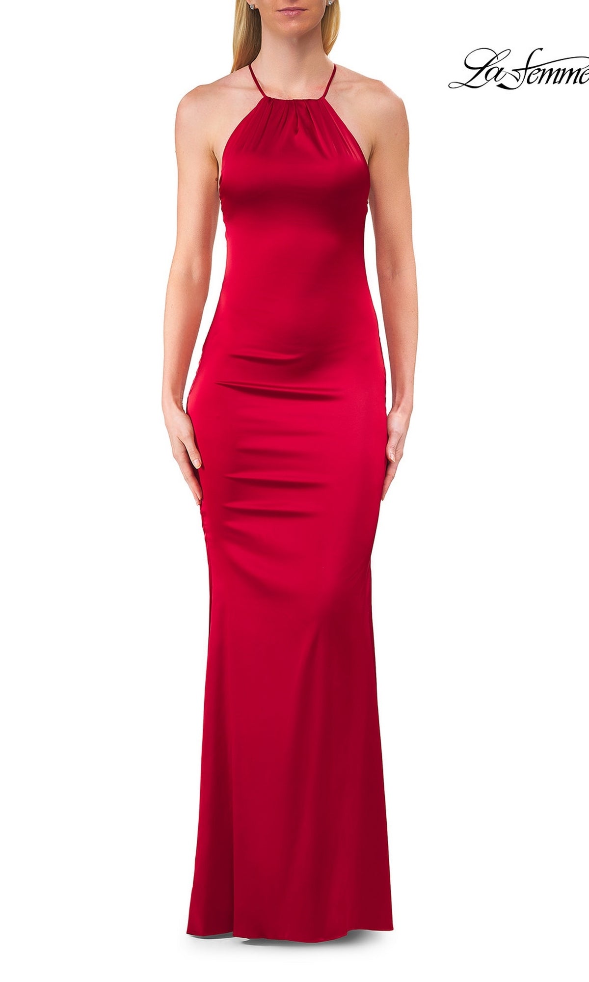 A woman wears the Strappy-Back Long Satin Prom Dress (La Femme 33732) in red—a sleeveless, floor-length satin gown with a halter neckline, perfect for any formal occasion; the “La Femme” logo appears in the top right corner.