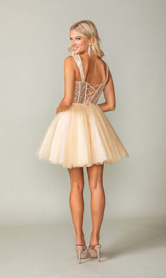 A woman wearing the Lace-Up Open-Back Hoco Dress: Dancing Queen 3375, a short sleeveless tulle dress with a lace-up back, stands smiling over her shoulder. She pairs it with high heels and earrings.