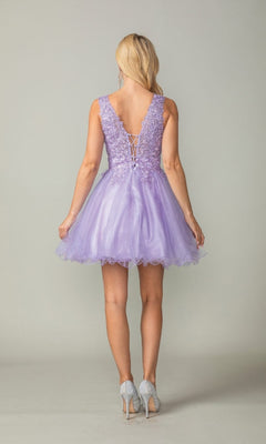 A woman faces away, wearing the Dancing Queen 3377 Tulle Babydoll Homecoming Dress in lavender with lace details, a V-back, and sleeveless design, paired with light gray heels.