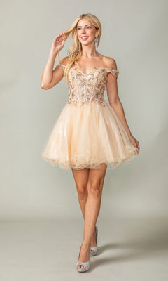 Woman wearing a beige off-shoulder dress with a plain background