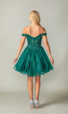 Woman wearing a green off-shoulder short dress against a plain background