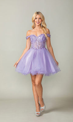 Woman wearing a purple off-shoulder dress against a plain background