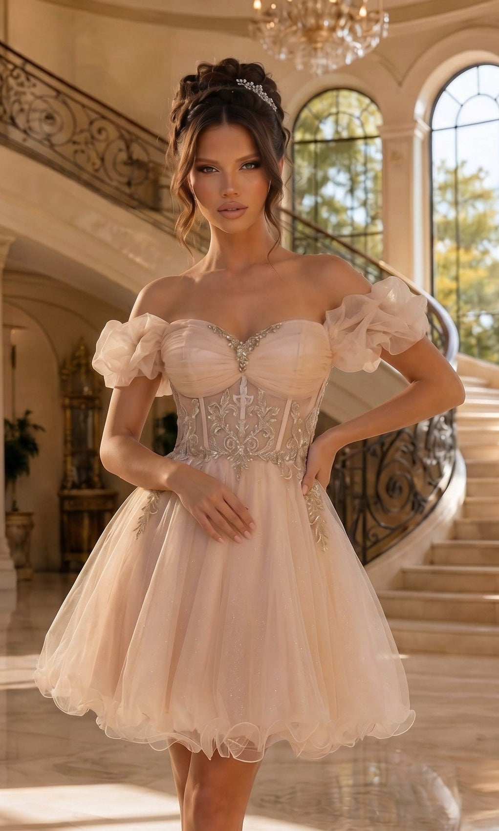 Corset-Bodice Short Homecoming Dress with Sleeves Champagne / XSmall