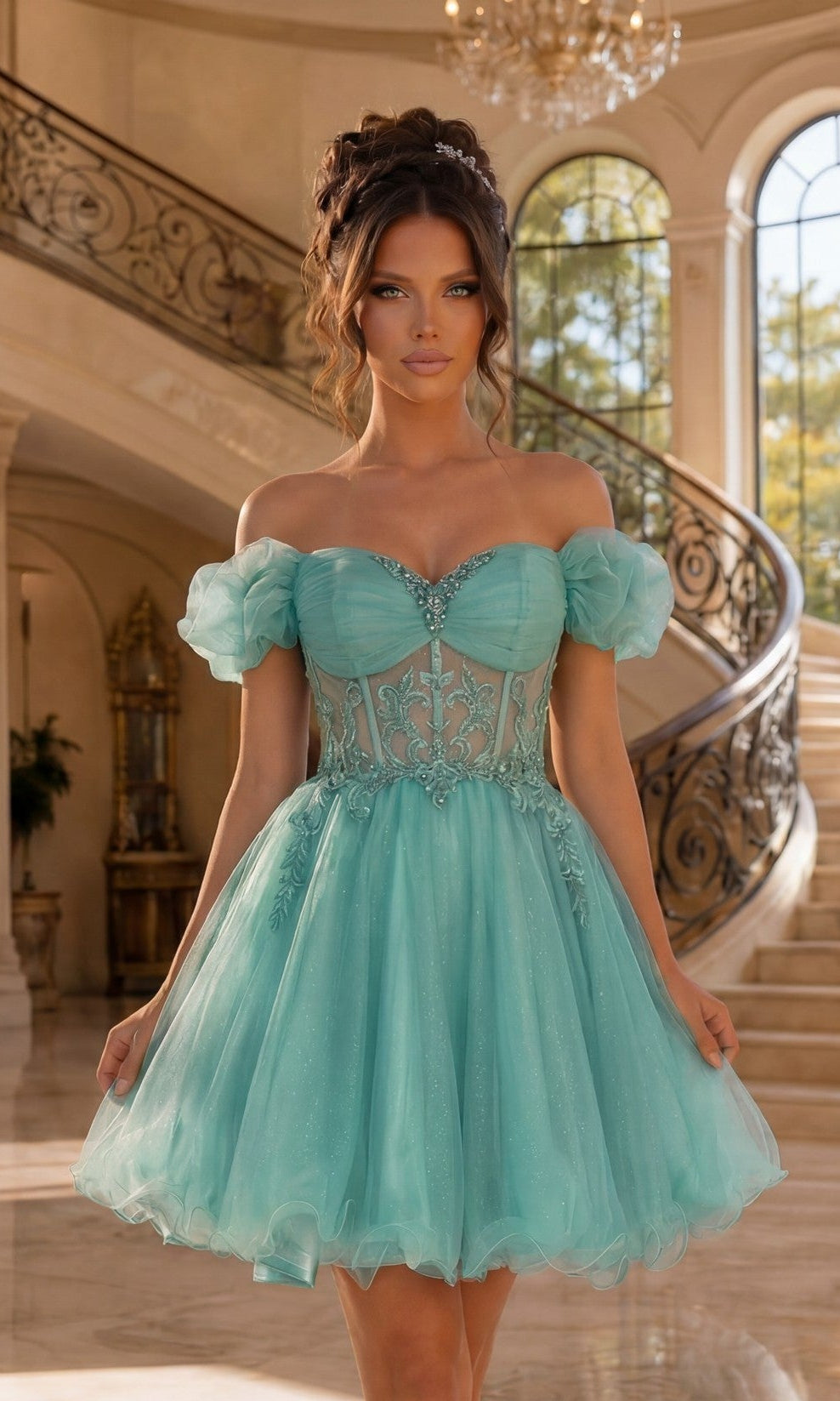A woman stands indoors before a grand staircase, wearing the Ruffle-Sleeve Short Corset Homecoming Dress 3379—a turquoise, off-the-shoulder dress with lace, tulle accents, and a fitted corset bodice.