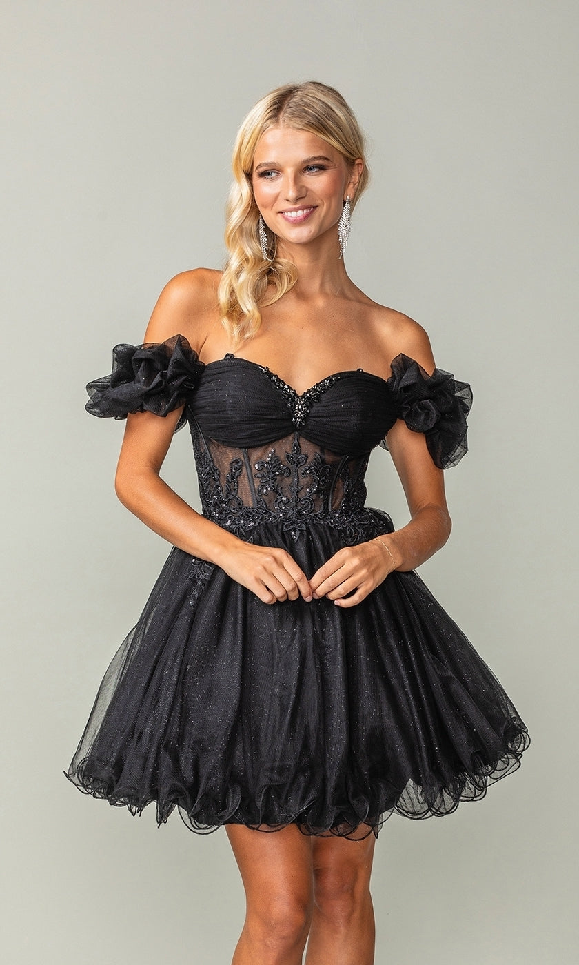 A woman models the Ruffle-Sleeve Short Corset Homecoming Dress 3379, featuring an off-the-shoulder neckline, sheer corset bodice, and ruffled sleeves, posed against a plain light background.