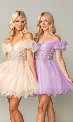 Two women stand side by side in the Ruffle-Sleeve Short Corset Homecoming Dress 3379—one beige, one lavender—featuring off-the-shoulder tulle, floral embroidery, and flattering corset bodices, set against a plain background.