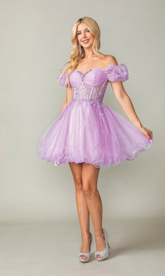 A woman smiles in the Ruffle-Sleeve Short Corset Homecoming Dress 3379, featuring an off-the-shoulder neckline, sheer puff sleeves, corset bodice, flared tulle skirt, and silver high heels.