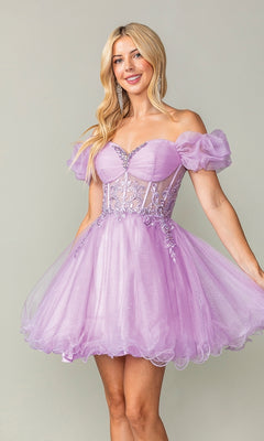 A woman wears the Ruffle-Sleeve Short Corset Homecoming Dress 3379, featuring an off-the-shoulder neckline, puff sleeves, floral lace accents, and a sheer corset bodice in lavender tulle, set against a plain background.