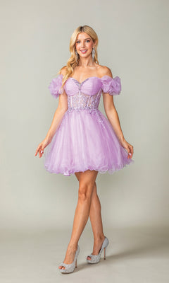 A woman wears the Ruffle-Sleeve Short Corset Homecoming Dress 3379 with puff sleeves and a corset bodice, paired with silver heels, as she smiles against a neutral background.