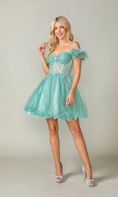 A woman smiles in the Ruffle-Sleeve Short Corset Homecoming Dress 3379, featuring mint green color, off-the-shoulder design, sheer lace details, and a flattering corset bodice.