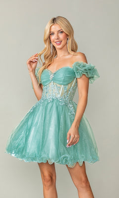 A woman poses against a plain background in the Ruffle-Sleeve Short Corset Homecoming Dress 3379—mint green, off-the-shoulder, with sheer panels, floral appliqué, and ruffled sleeves.