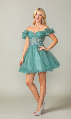 Woman in the Ruffle-Sleeve Short Corset Homecoming Dress 3379, featuring a teal off-the-shoulder design with sheer details and puff sleeves, stands smiling against a plain background.