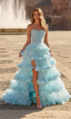 Strapless Ruffled Prom Ball Gown: La Femme 33812 Cloud Blue / 00
