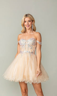 A woman models the Short Corset Homecoming Dress: Dancing Queen 3383, featuring a glittery sheer corset bodice with silver floral accents, against a plain background.