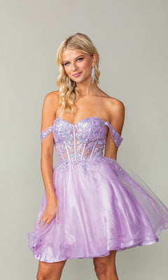 A woman stands against a plain background wearing the Dancing Queen 3383 short corset homecoming dress featuring a sparkly sheer bodice and floral embroidery.