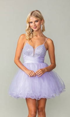 A woman wearing the Lace-Up Short Babydoll Homecoming Dress 3385, featuring a short light purple skirt, thin straps, and a fitted beaded bodice, stands against a plain background.