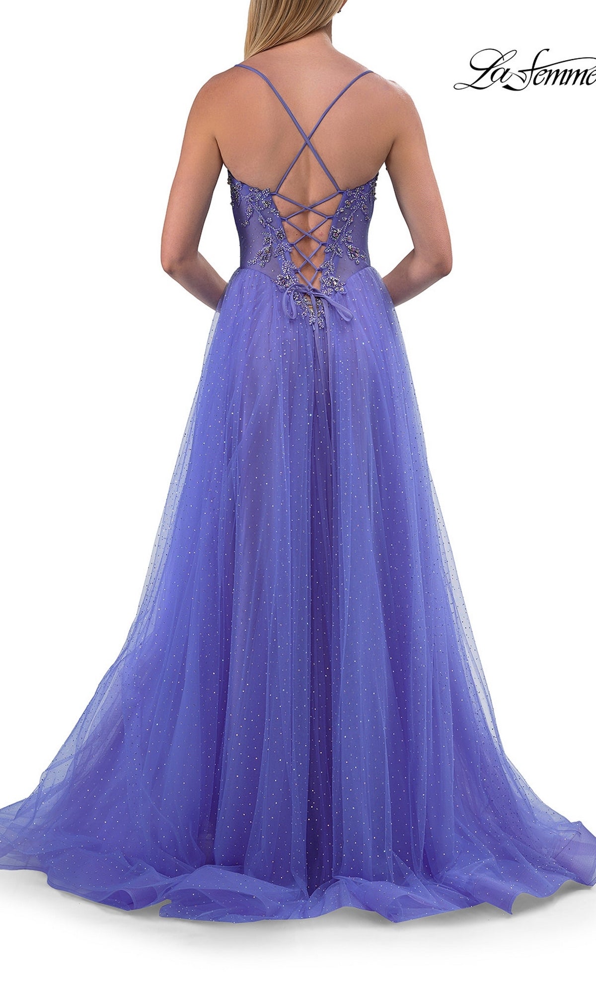 A woman seen from behind wearing the Sheer-Corset Long Prom Ball Gown: La Femme 33860, a sleeveless purple a-line dress featuring beaded details and a crisscross lace-up back.