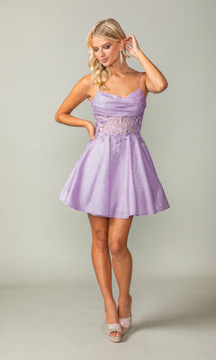 A woman poses in the Cowl-Neck Short Glitter Homecoming Dress 3386, a sleeveless, sparkly party dress with a flared skirt, styled with high heels against a plain background.