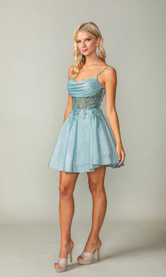 A woman in a Cowl-Neck Short Glitter Homecoming Dress 3386.