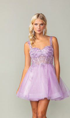 A woman wears the Embroidered-Bodice Short Lace-Up Hoco Dress 3390, a lilac floral corset babydoll dress with a sheer bodice, standing against a plain light gray background.