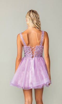 A blonde woman wears the Embroidered-Bodice Short Lace-Up Hoco Dress 3390 in lavender, with a lace-up back and floral embroidery, standing against a plain background.