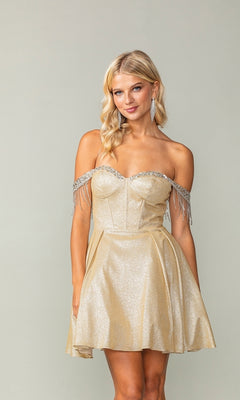 Woman wearing the Fringed Off-Shoulder Short Homecoming Dress 3392, featuring a gold fitted corset bodice and flared skirt, standing against a plain light background.