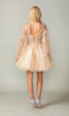 A blonde woman models the Butterfly-Cape Short A-Line Homecoming Dress 3393 in light peach with sequin appliques, lace-up back, sheer sleeves, and grey heels, standing against a plain background.