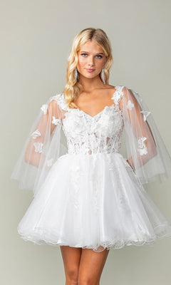 A woman wears the Butterfly-Cape Short A-Line Homecoming Dress 3393, featuring a white design with sheer puff sleeves, floral lace, and sequin appliques, standing against a plain light background.
