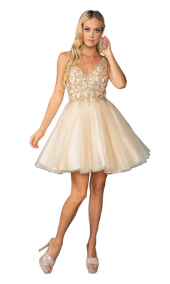 A woman wears the Fit-and-Flare Short Hoco Dress: Dancing Queen 3398, a sleeveless champagne cocktail dress with a tulle skirt and floral embroidery, styled with high heels—ideal for homecoming.