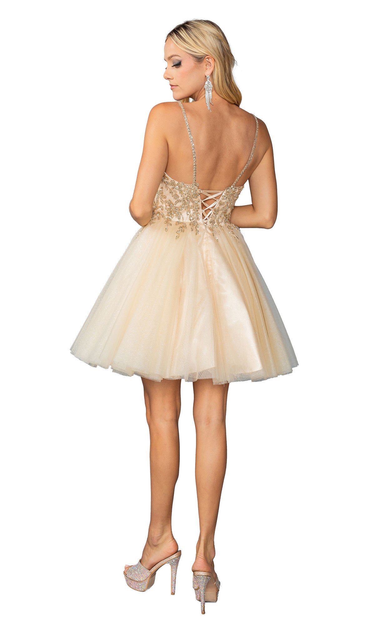 Short Fit-and-Flare Homecoming Dress with Lace-Up Back Champagne / Small