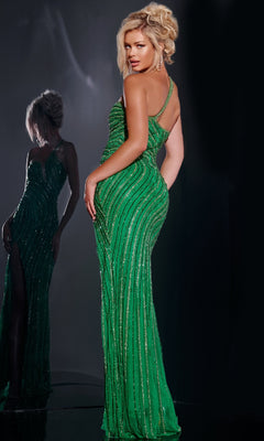 A woman poses with hand on hip in the Jovani 34010 long prom dress—an elegant, one-shoulder sequin gown with a thigh-high slit—while her reflection is visible in the mirror behind her.