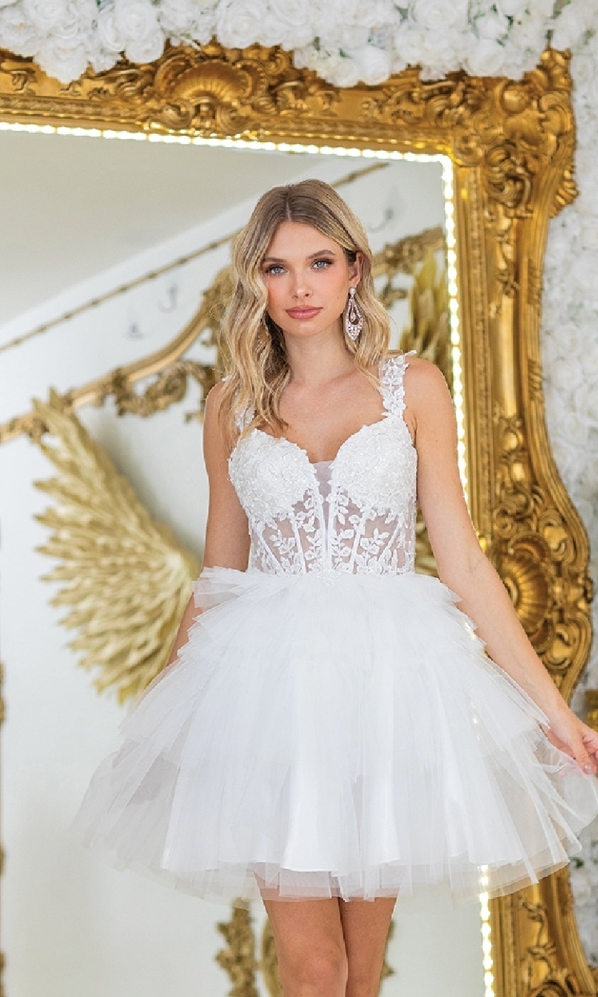 Sheer-Corset Short Babydoll Prom Dress with Ruffles Off White / Large