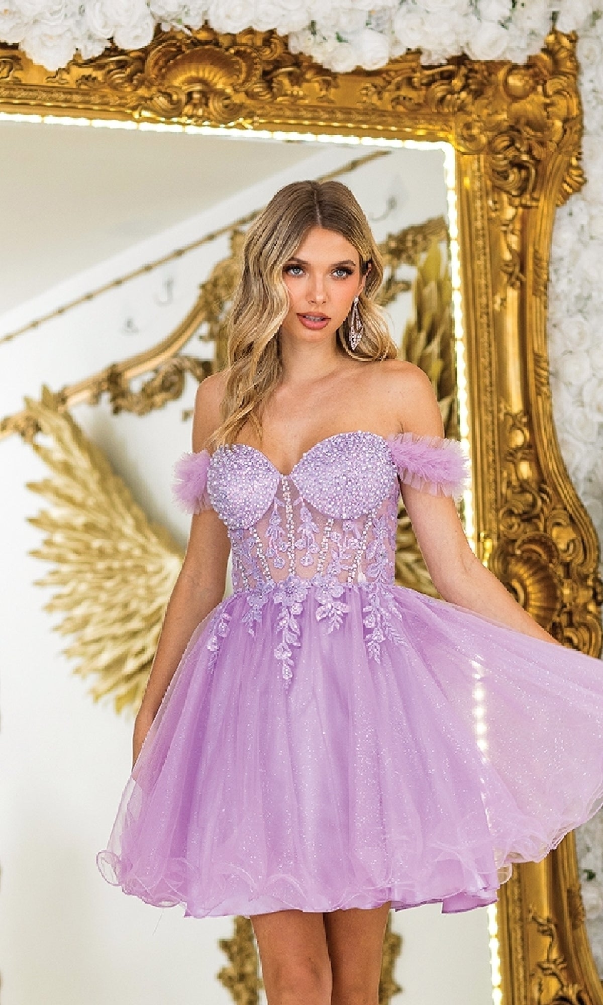 Short Babydoll Prom Dress with Off-Shoulder Ruffles Lilac / XLarge