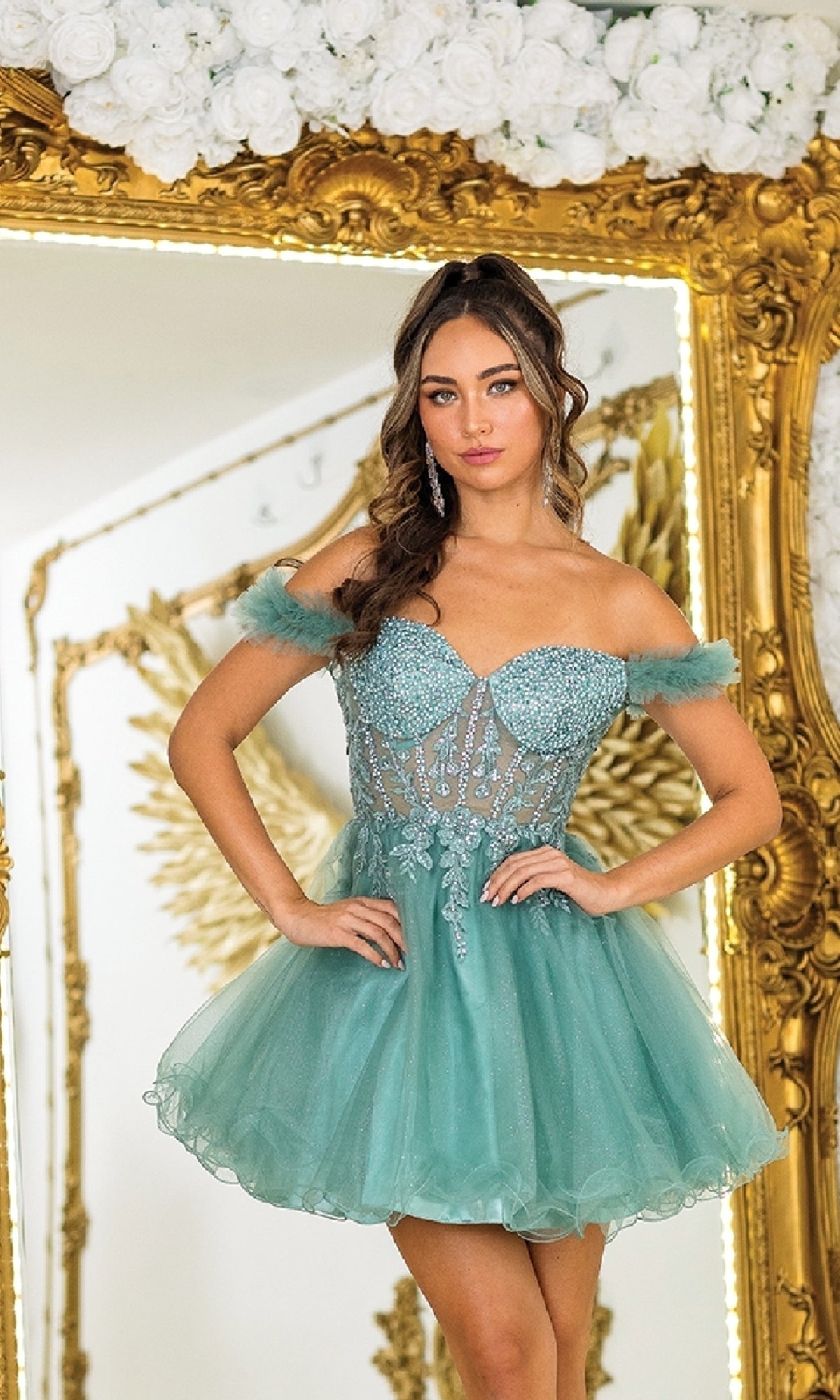 Short Babydoll Prom Dress with Off-Shoulder Ruffles Sage / XSmall