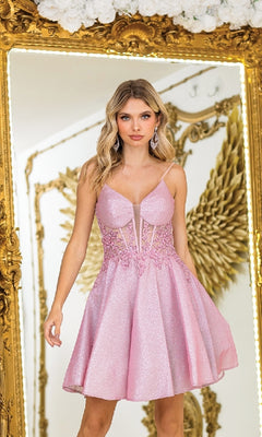 A woman in the Dancing Queen 3407 Short Corset A-line Prom Dress stands before a gold ornate mirror with gold wing decor in the background.