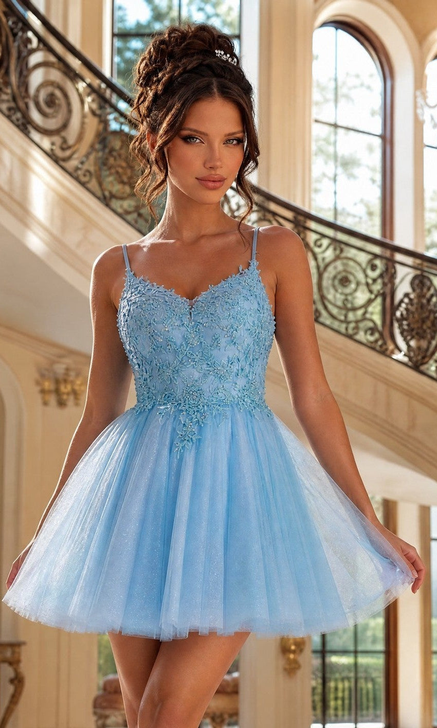 Lace-Up Short Glitter Prom Dress with Embroidery Lilac / XSmall