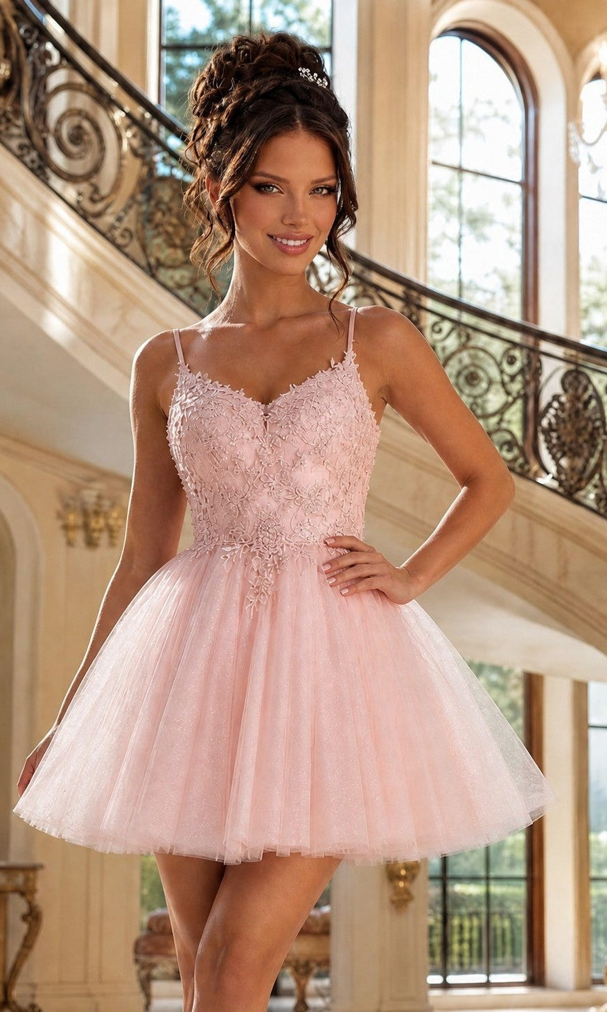 Lace-Up Short Glitter Prom Dress with Embroidery Blush / 3XLarge