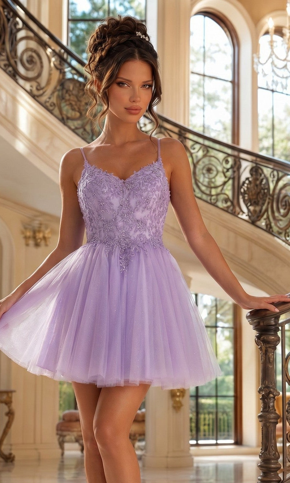 Lace-Up Short Glitter Prom Dress with Embroidery Lilac / XSmall