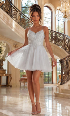 An elegant room with marble floors and a spiral staircase frames a woman in an off white Dancing Queen 3413 short glitter-tulle prom dress.