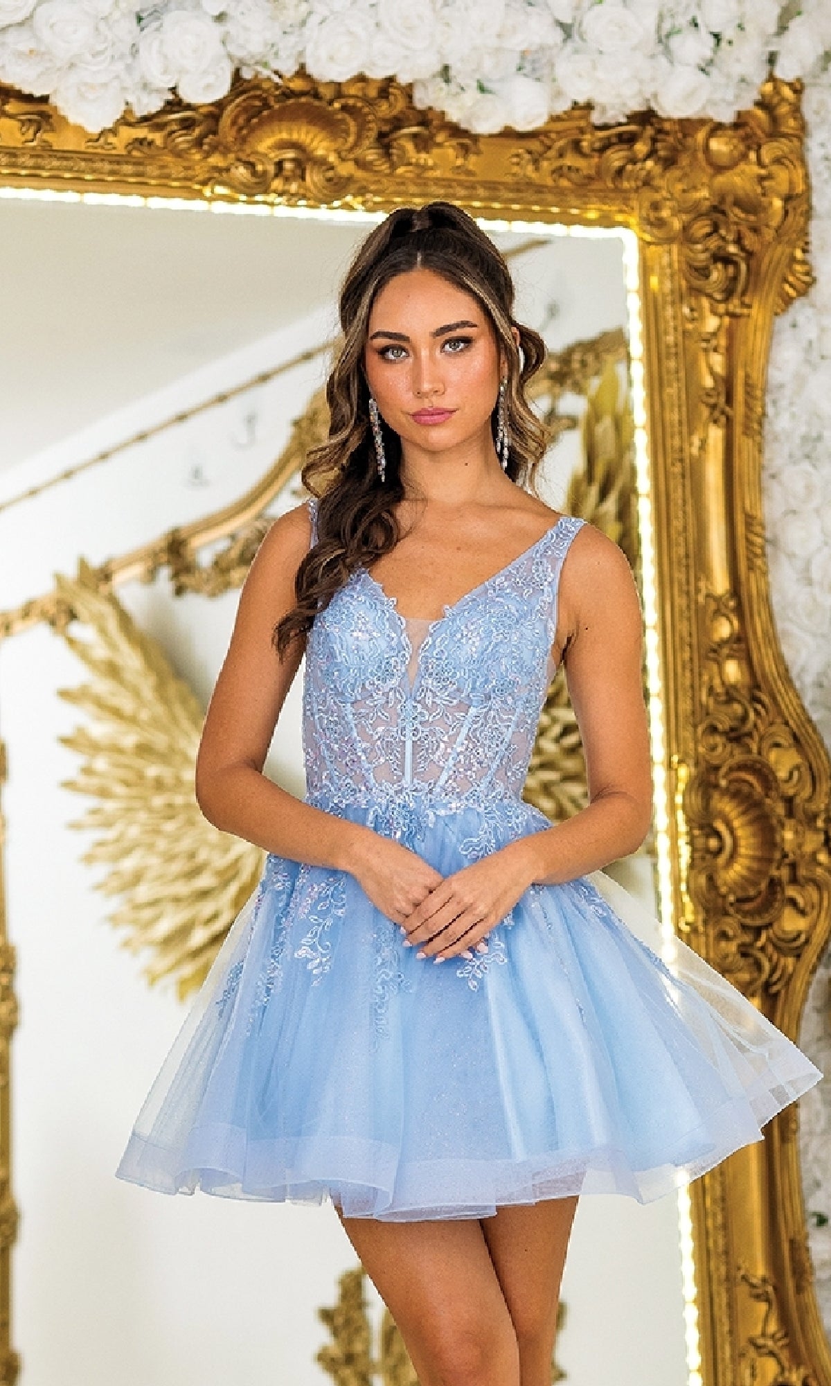 Short Babydoll Prom Dress with Sheer Lace-Up Corset Bahama Blue / Small Short Babydoll Prom Dress with Sheer Lace-Up Corset Bahama Blue / Small