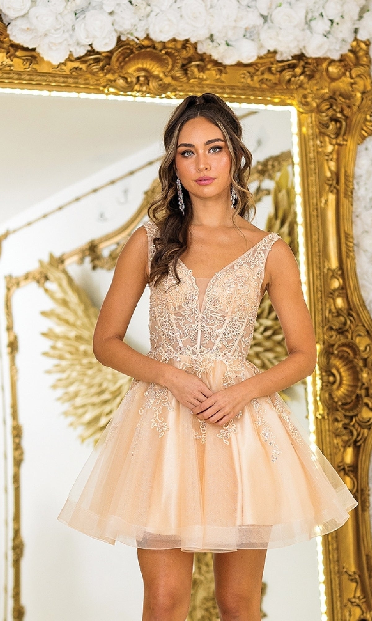 Short Babydoll Prom Dress with Sheer Lace-Up Corset Champagne / Large Short Babydoll Prom Dress with Sheer Lace-Up Corset Champagne / Large