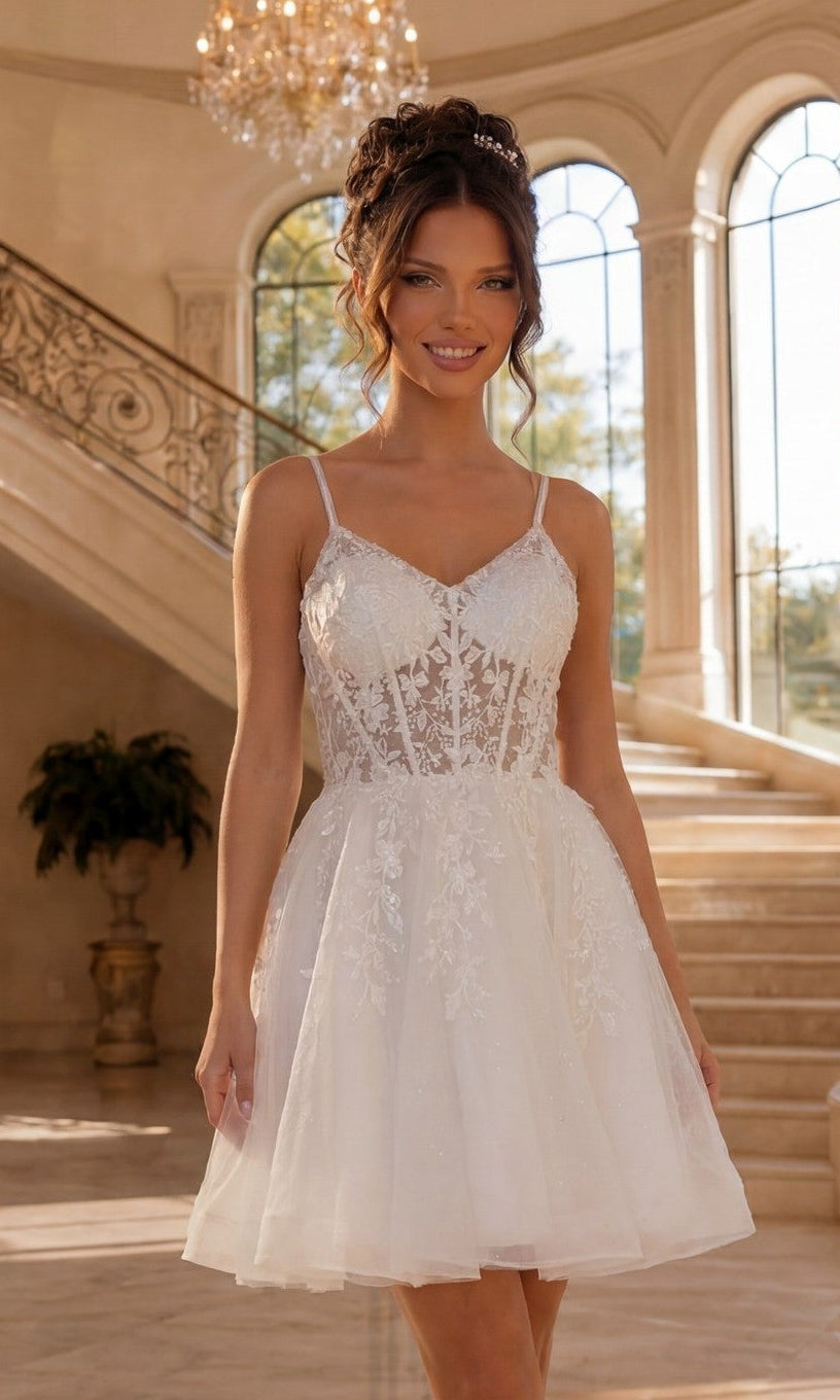 Embroidered Short A-Line Prom Dress with Sheer Corset Off White / Large