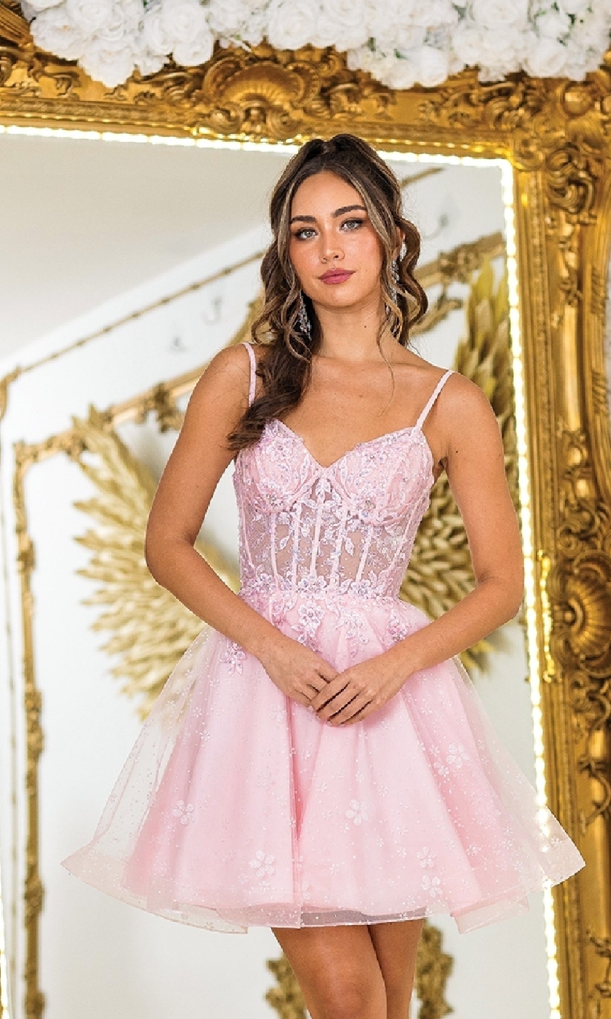 Short Babydoll Homecoming Dress with Sheer Corset Blush / Large Short Babydoll Homecoming Dress with Sheer Corset Blush / Large