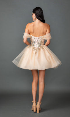 A woman faces away, wearing the Dancing Queen 3423 short prom dress—off-the-shoulder with an A-line skirt, beaded embroidery, lace-up back—and beige high-heeled sandals.