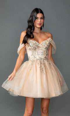 A woman models the Dancing Queen 3423 short prom dress, featuring an off-shoulder beige design with beaded embroidery and a tulle A-line skirt, standing against a plain gray background.