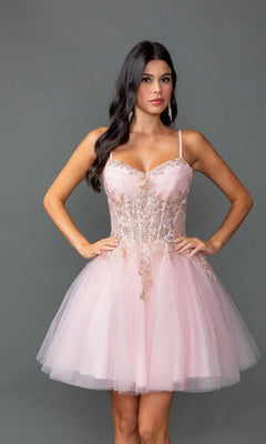 A woman poses against a gray background wearing the Dancing Queen 3424 short prom dress, featuring a sheer corset bodice, gold embroidery, and thin straps.