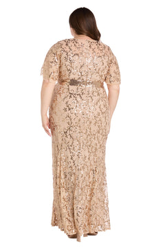 A woman stands with her back to the camera against a white background, modeling the R&M Richards 3425W Plus-Size Gold Formal Dress with short sleeves and a floor-length sequin design.